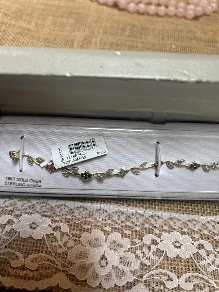 Gold Over Sterling Silver Genuine Stone, Diamond Ruby Emerald Sapphire Bracelet - Image 2 of 4