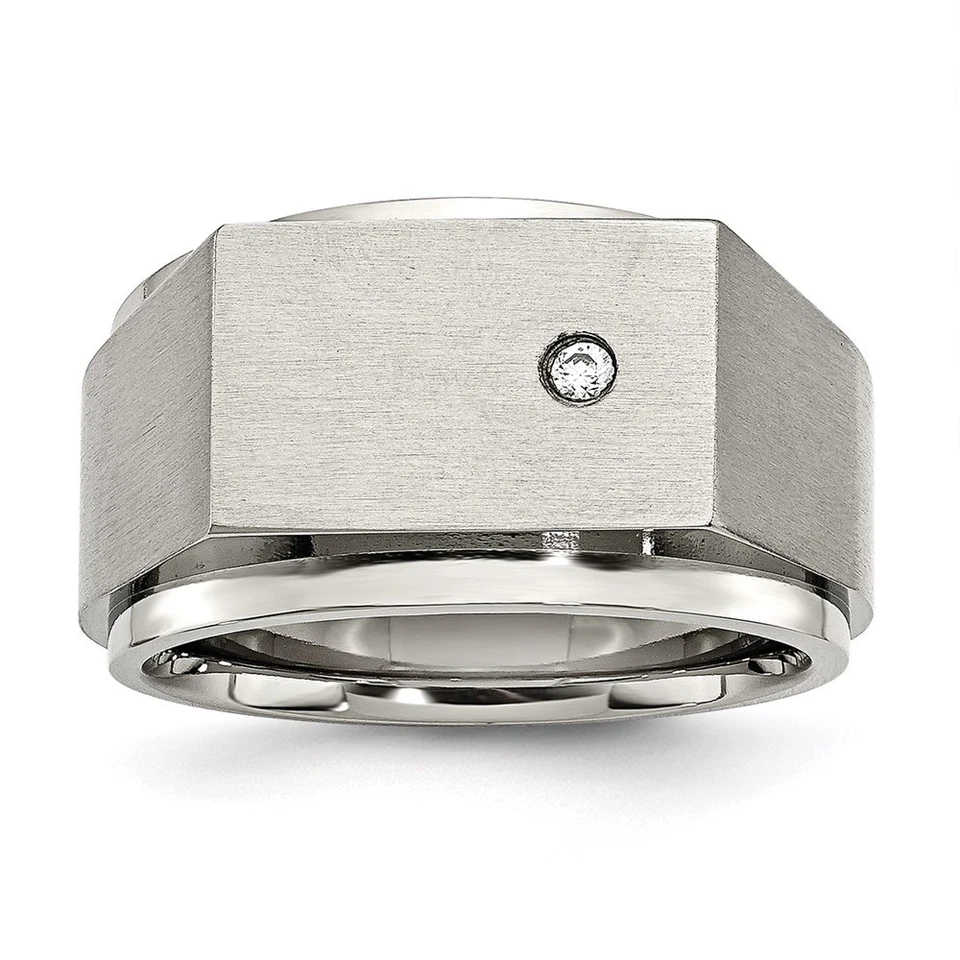 Chisel Men's Ring Stainless Steel Polished and Brushed Cubic Zirconia Standard