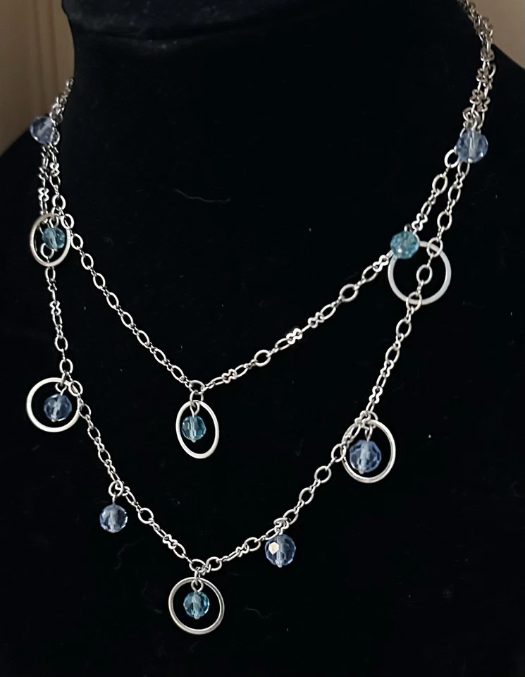 Lia Sophia Silver Tone Multi Layer Necklace Circle Dangles Blue Beads 16-19” - Image 2 of 4