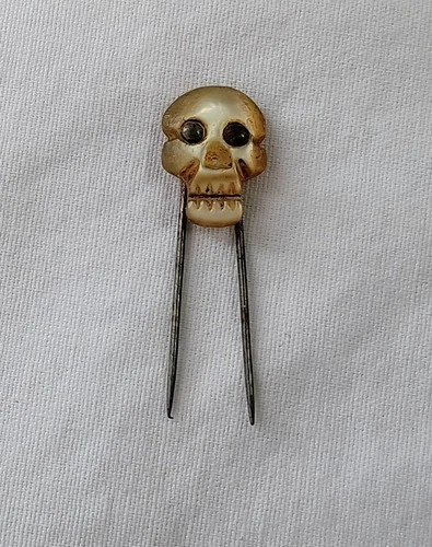 Small Vintage Carved Mother of Pearl Skull Stick Pin Spooky Halloween