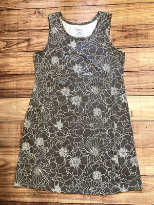 LL Bean  Size L Gray Floral Sleeveless Shift Dress Pocket Active Hiking