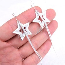 925 Sterling Silver Tarnish-Resist Open Star Long Threader Dangle Earrings B382