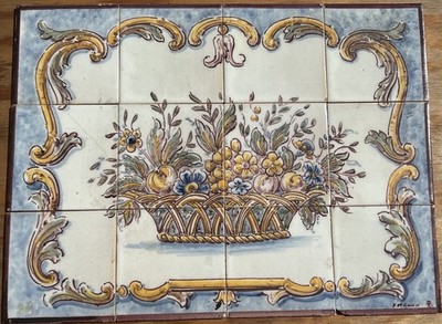 Antique Vintage Sant Anna Portugal Hand Painted Flower Basket Decorative Tiles