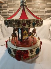 VTG Animated Musical Christmas Carousel 16  LARGE Merry Go Round Holiday Workshop