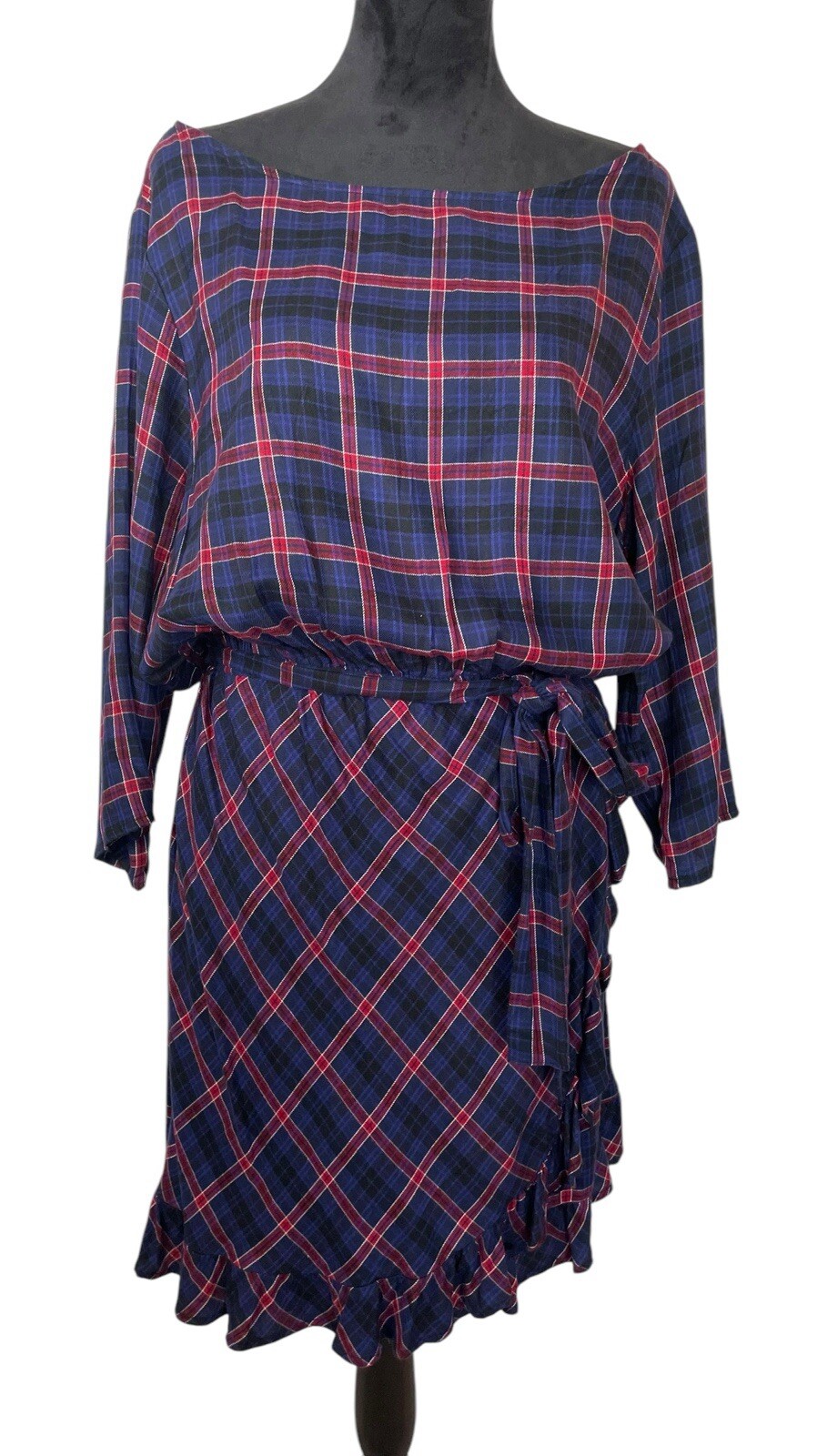 Gap Navy Blue Plaid Faux-Wrap Ruffle Hem Dress NWT Size XL Preppy Style