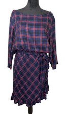 NWT Gap Plaid Faux-Wrap Ruffle Hem Dress Navy Blue Preppy Size XL