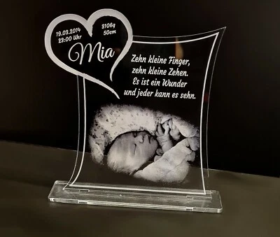 COLLAGEN MIT HERZ 1 Aufsteller Acrylglas inkl. Gravur (Foto + Text) - Taufe / Geburt / Geschenk
