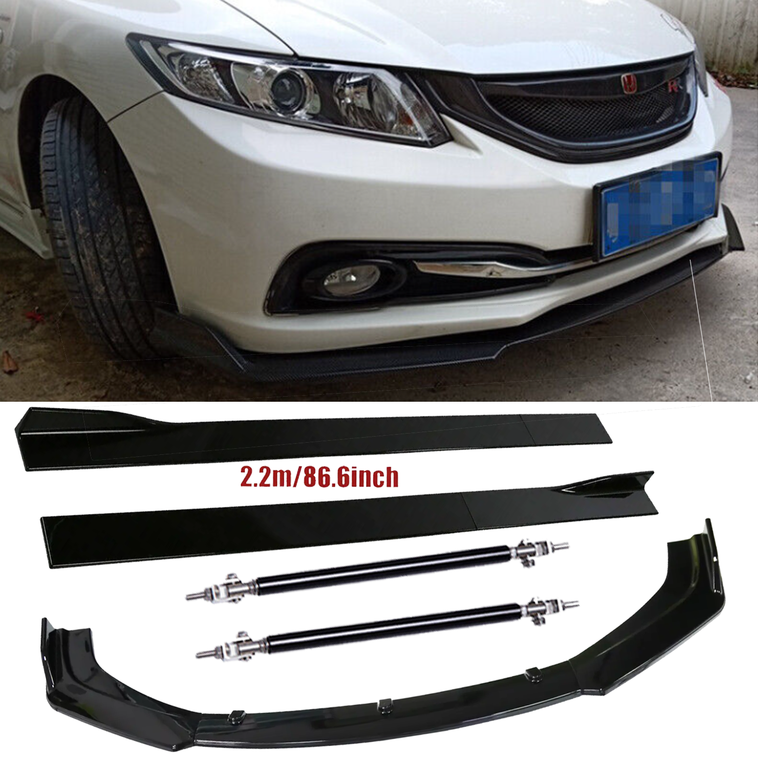 Front Bumper Lip Splitter Spoiler Strut Rods For Honda Civic 9th Gen 2012-2022