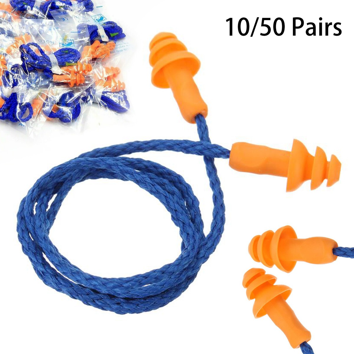 200 Pairs Silicone Ear Plugs With Cord – Noise Cancelling, Individually Wrapped, Reusable – For Sleeping, Shooting, Studying, Construction & Swimming (Navy Blue & Orange) - View #6