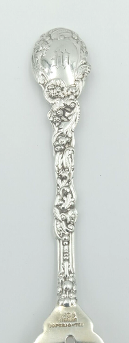 Antica forchetta Gorham Versailles 1888 cherubino .925 oro sterling lavaggio pasticceria MONO-W - Foto 6 di 8