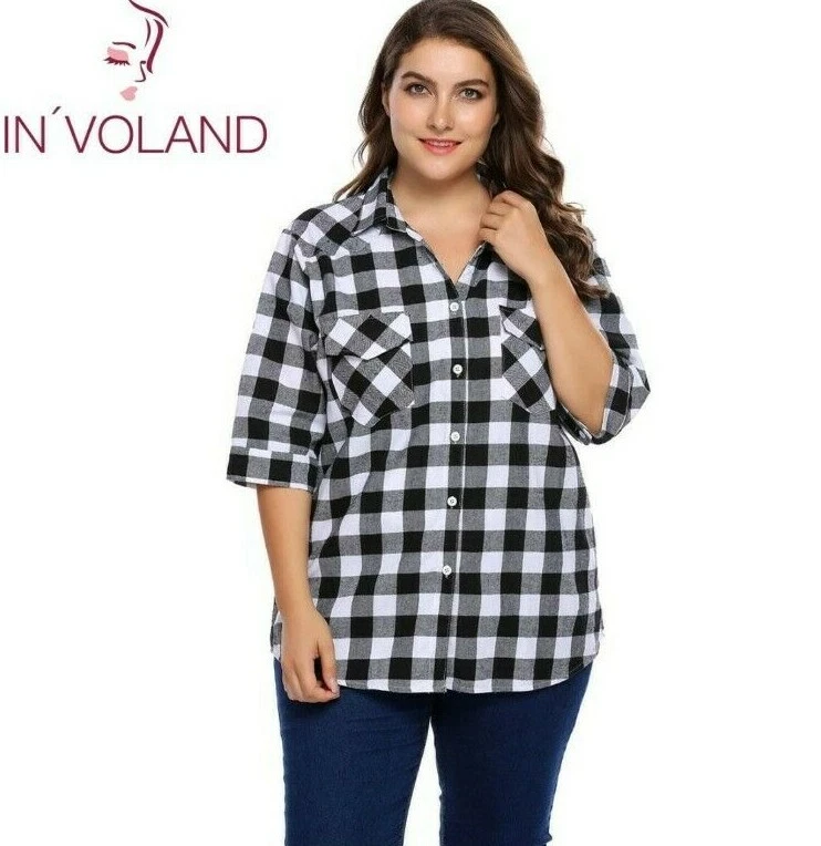 Women s Plus Size 3 4 Sleeve Plaid Button Down Shirt eBay