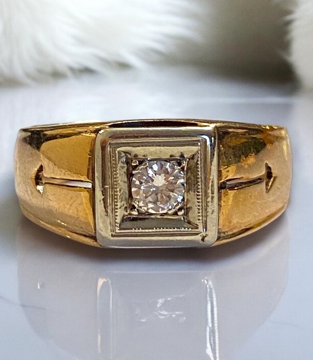 SPECTACULAR Vintage 1950's 14k Yellow Gold MENS 1/4 CTW Diamond