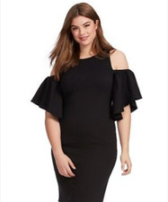 Eliza J Cold Shoulder Flutter Ruffle Short Sleeve Black Midi Sheath Dress Sz 14