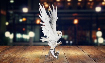 17''H Snowy Owl Wings Up Statue Wild Animal Decoration Figurine Room Decor