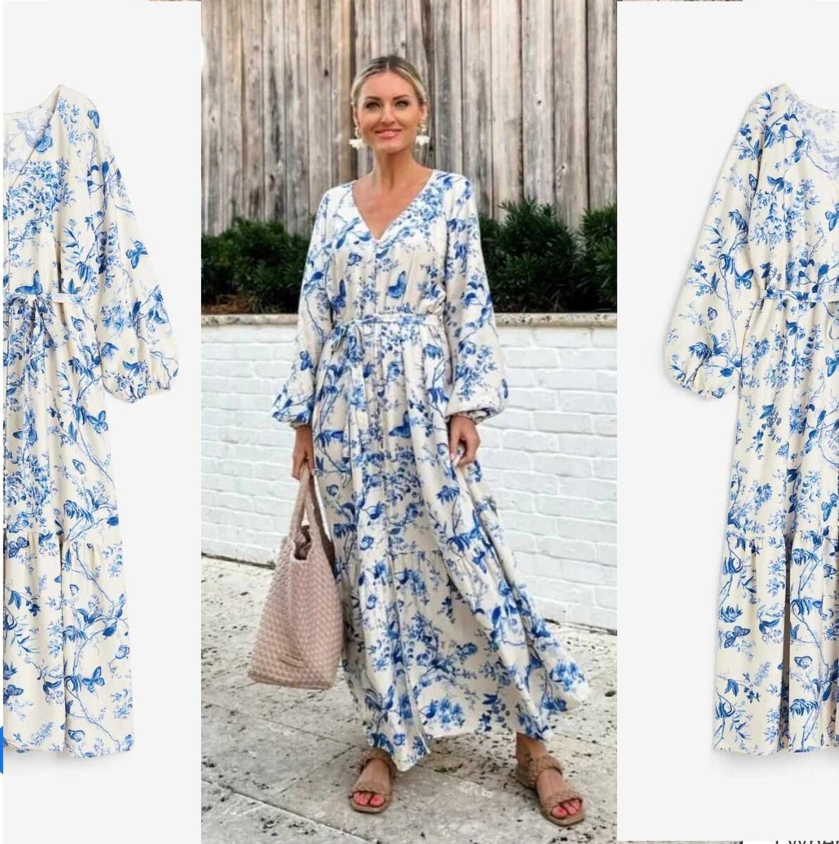 H&M Ivory White Blue Floral Butterfly Long Maxi Kaftan Dress Size S 10 12