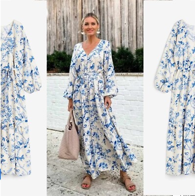 H&M Ivory White Blue Floral Butterfly Long Maxi Kaftan Dress