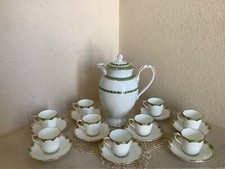 9 SETS COALPORT BONE CHINA WHITE, GREEN, GOLD DEMITASSE CUPS, SAUCERS CoffeePot