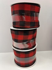 Lot Of 3 2 1/2inx20 Ft Per Roll Celebrate It-Black Red Plaid Wired Ribbon NEW