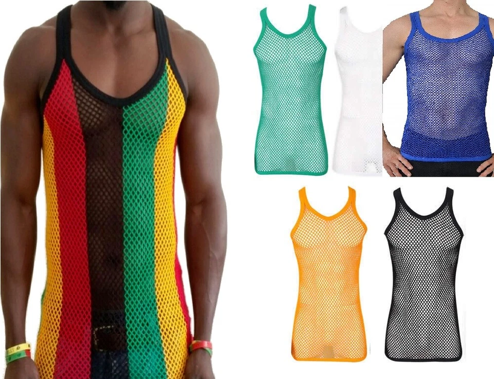 Mens String summer mesh vest top 100% cotton fishnet fitted breathable Tank Gym - Image 2 of 4