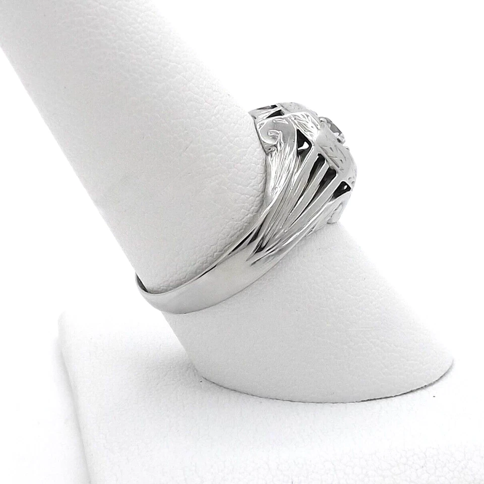 Art Deco Solid 14k White Gold Natural Diamond Carved Star Setting Ring sz9 to 10 - Image 4 of 4