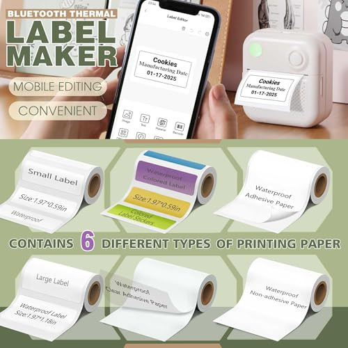 Portable Thermal Label Maker with 6 Waterproof Tapes for Home & Office