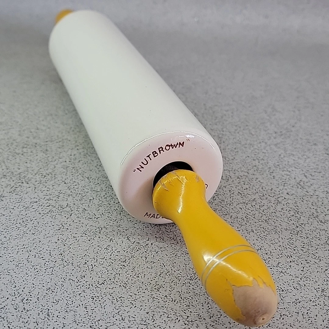 Nutbrown Vintage Rolling Pin Ceramic with Painted Wood Handle England Kitchen