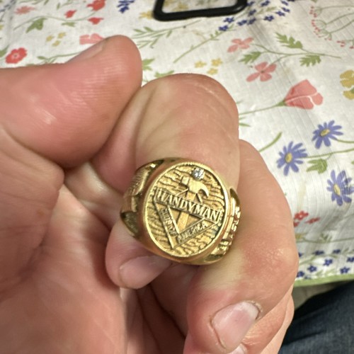 Men's Handyman Engraved Signet Ring Gold Tone Sterling Silver 1 Diamond Sz 9.5
