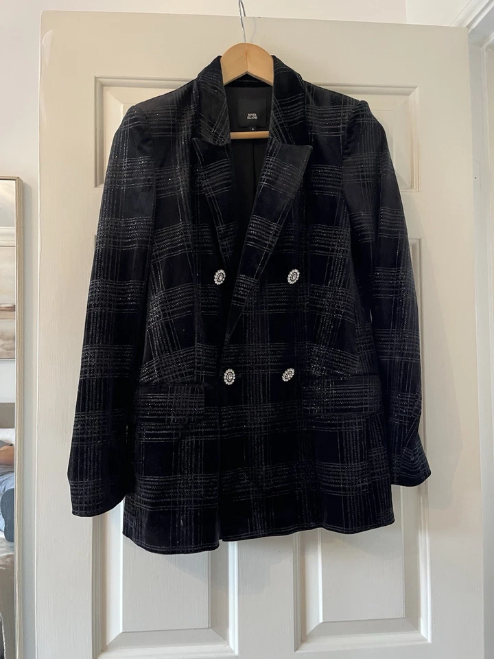 River Island Negro Brillo Talla 8 Hayley Blazer Y Pantalón Traje Conjunto Completo Fiesta Foto 4 de 4