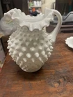 Fenton Hobnail Milk Glass Pitcher Vase Raffled Top 5.5”
