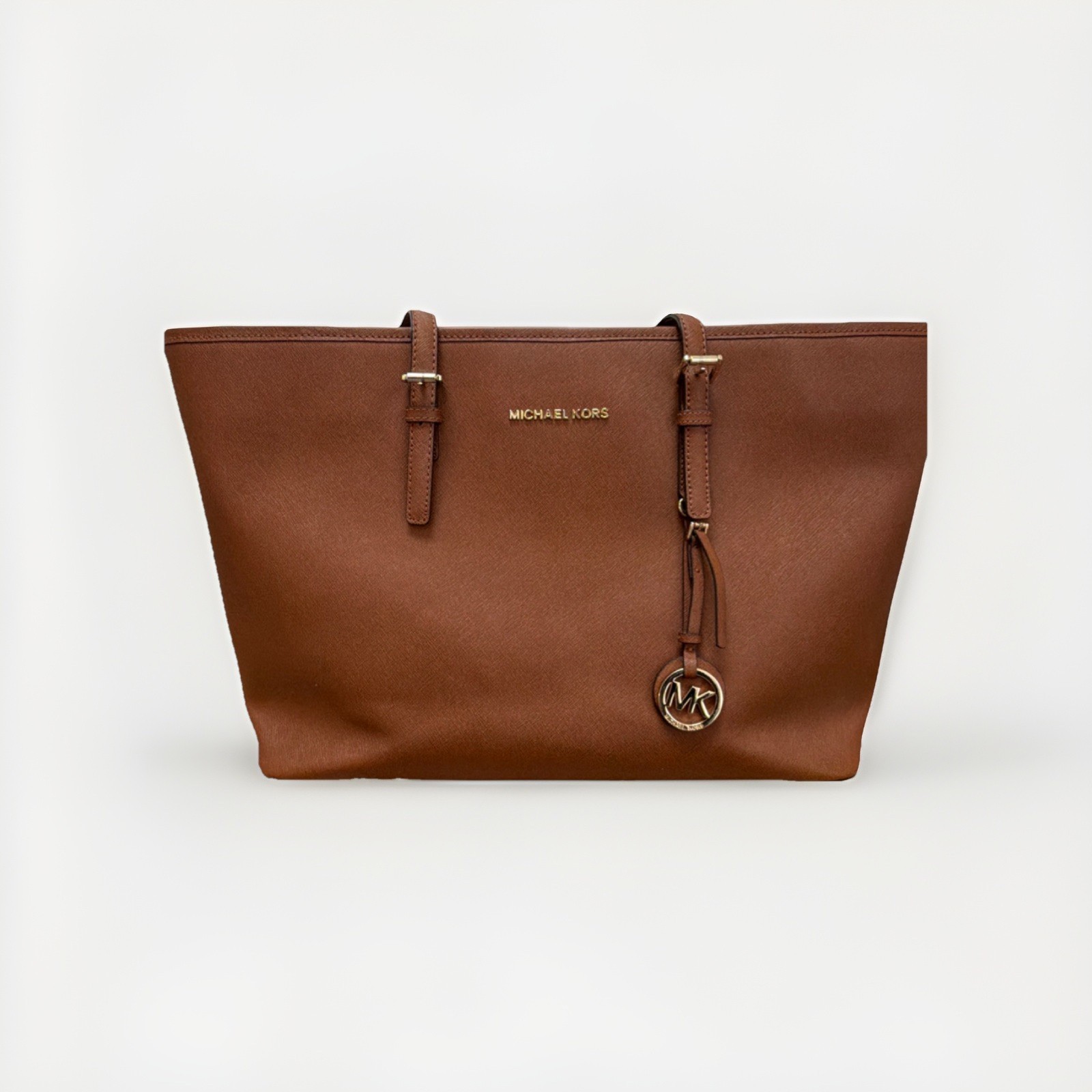 Michael Kors Brown Tote Bag with Logo Charm, Gold Hardware, and Zip Closure