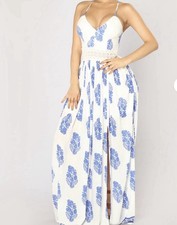 NWT Fashion Nova Holy Slit Maxi Dress Ivory Royal Combo Size Small Floor Length