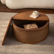 Round Rattan Coffee Table w/Storage Lid, Hand-Woven Rope Trim, Boho-Chic Style
