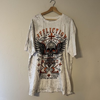 Affliction Shirt Mens 2XL White Skull Wings Graphic Tried True Biker Gothic Tee