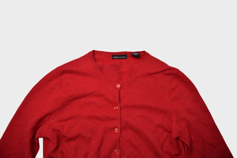 Suéter Moda International para mujer pequeño rojo cachemir cárdigan manga 3/4 Foto 4 de 4
