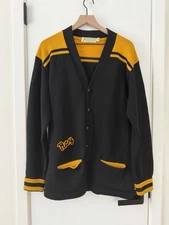 True Vtg 60s Varsity Cardigan Sweater Knit Black/Yellow Chicago IL Size 46 L/XL