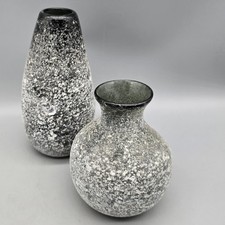 2 MCM Smoky Gray Black Glass Vases with White Sand Lava Texture 6.25" and 4.5"