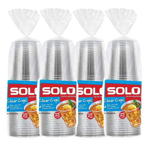 (4 pack) Solo Party Disposable Plastic Cups, Clear, 18 oz, 25 Count each
