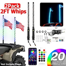 2x 2FT RGB LED Whip Chasing Antenas Lights Spiral W/Flag ATV Polaris RZR UTV 4WD