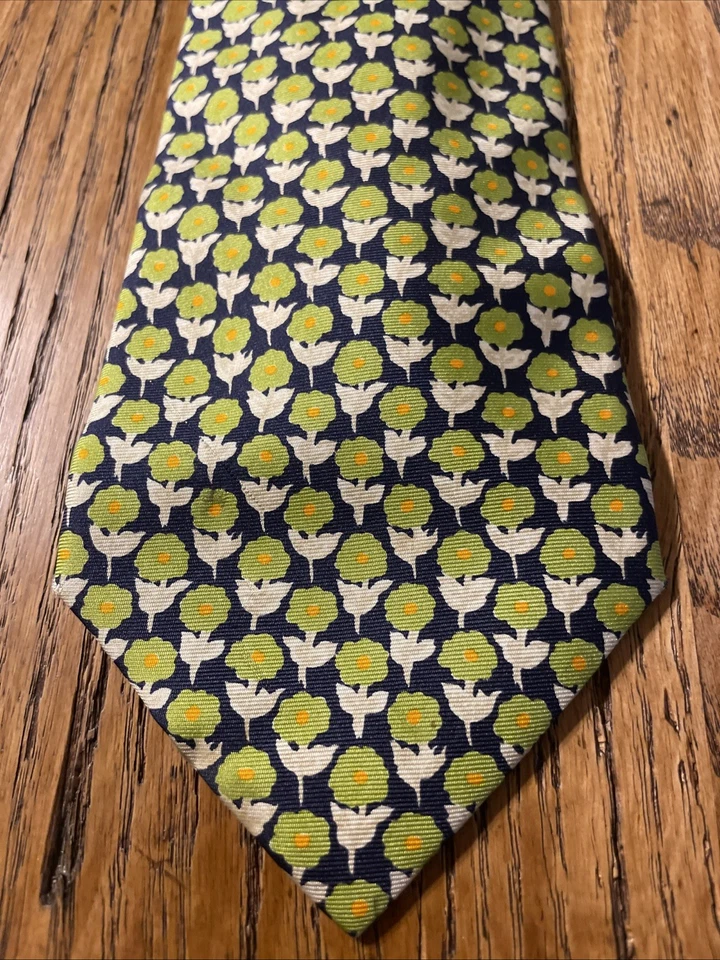 Corbata de satén de seda floral pequeña Banana Republic usada en excelente estado hecha en Italia verde azul marino Foto 2 de 4