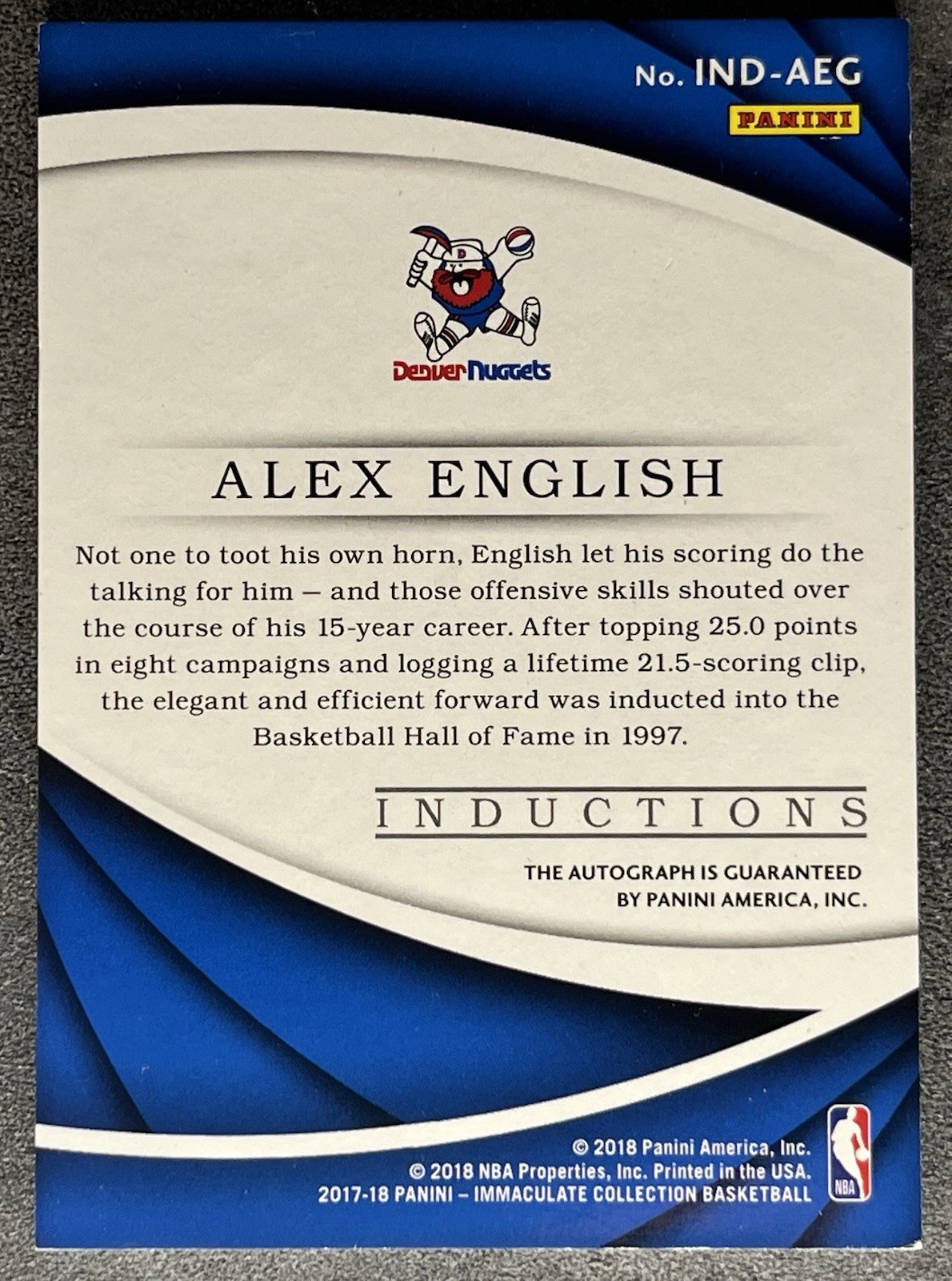 Alex English 2018 Panini Immaculate Inductions ON CARD Auto /49 Nuggets HOF view 2