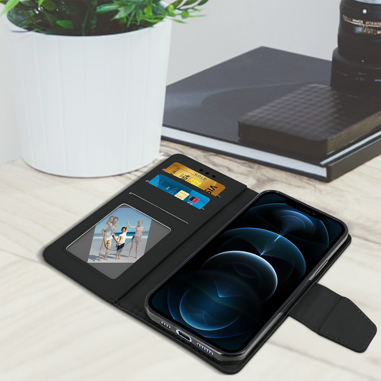 Coque à Rabat iPhone 12 Avizar portefeuille noir avec support vidéo horizontal intégré