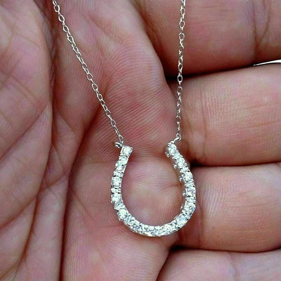 2Ct Round Lab Created Diamond Horseshoe Pendant Necklace 14k White Gold Plated - Image 3 of 4