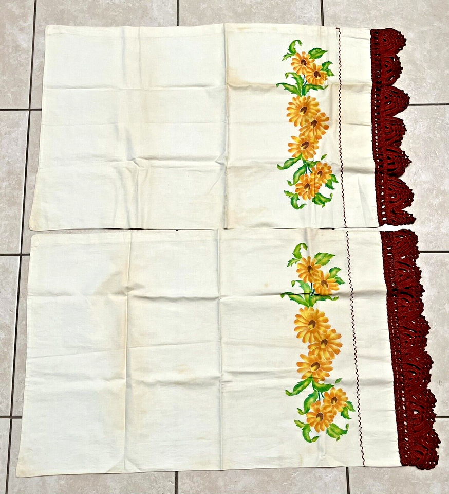 VTG Cotton Pillowcase Set/2 Yellow Flowers Rust Trim Stains
