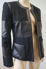 L'agence Black Wool & Lamb Leather Open Front Panelled Blazer Jacket 6 Uk10