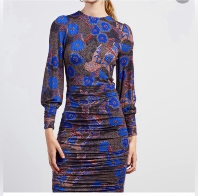 Ba&Sh Jessi Floral Print Bodycon Long Sleeve Dress Bleu S $295 NWT