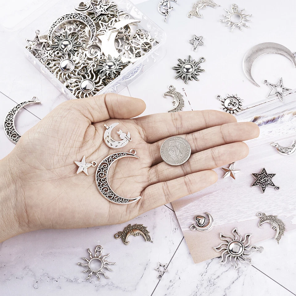 Антикварные серебряные тибетские подвески в виде звезд, луны и солнца сделай сам 100 шт в наборе - Изображение 4 из 4