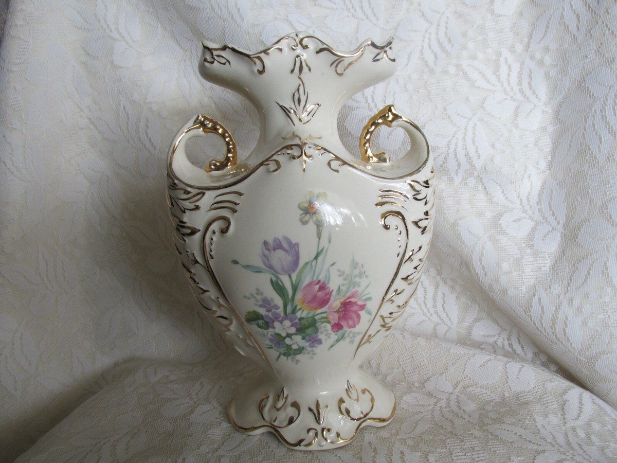 Antique Vintage Paul's Gifts 8407 Spring Floral Gold Trimmed