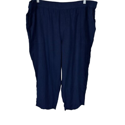 Susan Graver Women's Petite Linen Blend Utility Crop Pants Navy Blue PL Size