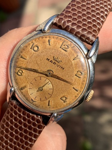 Reloj tropical vintage Marvin para hombre asas de lujo impresionante pátina hecho en Suiza 31,3 mm - Imagen 1 de 12