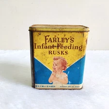 Vintage Baby Graphics Farleys Infant Feeding Rusks Advertising Tin Box TB1664